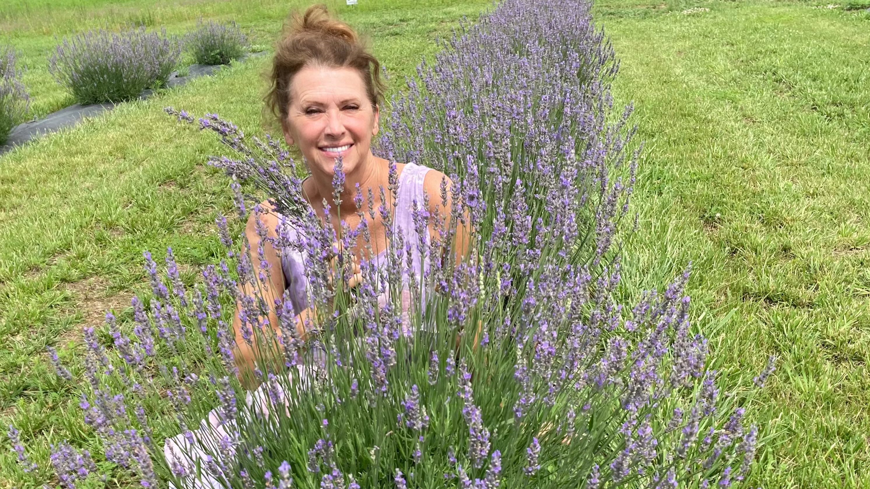Woman standing among lavender plants in a field